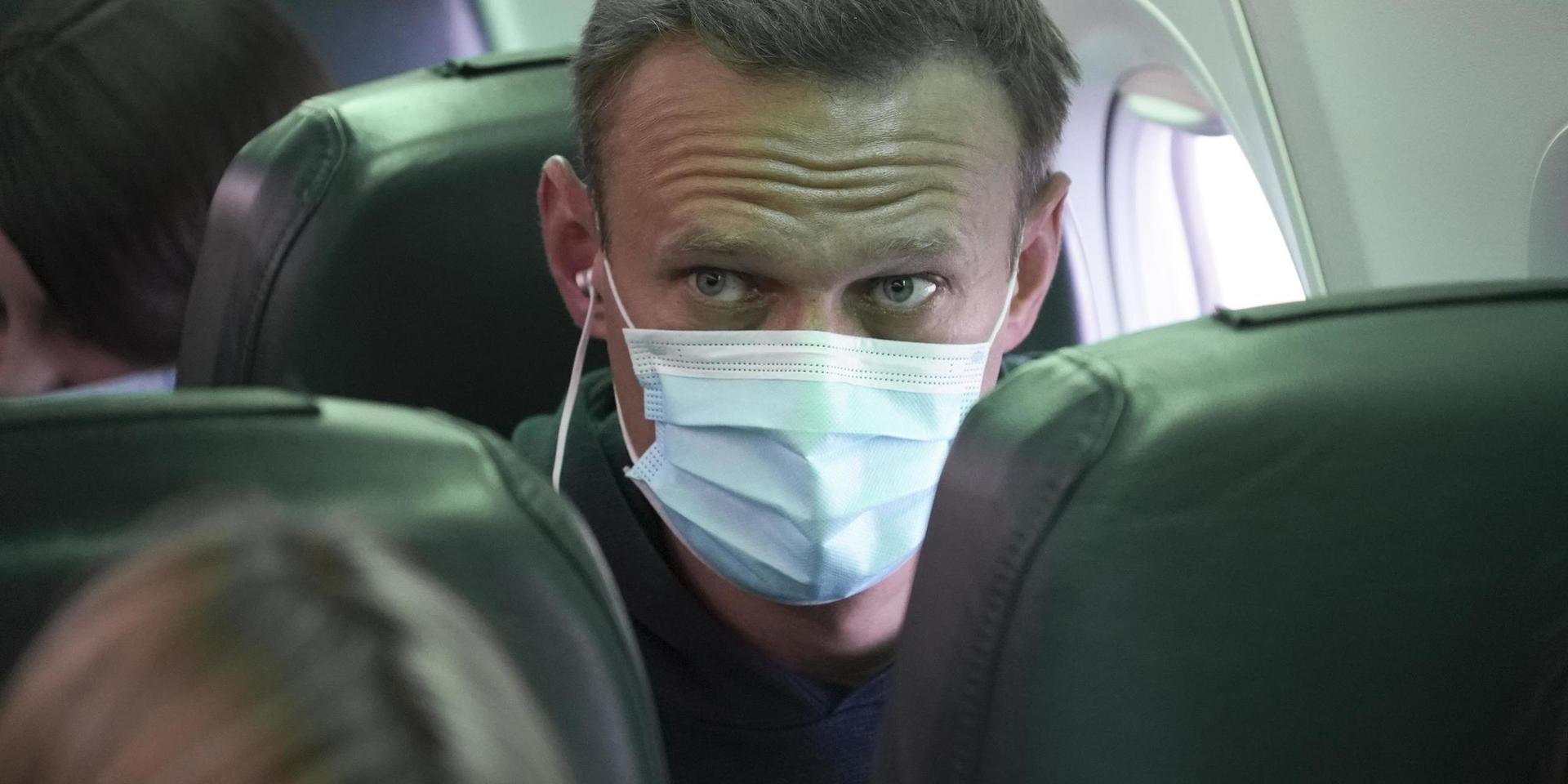Aleksej Navalnyj ombord på det plan som tog honom från Berlin till Moskva i söndags.