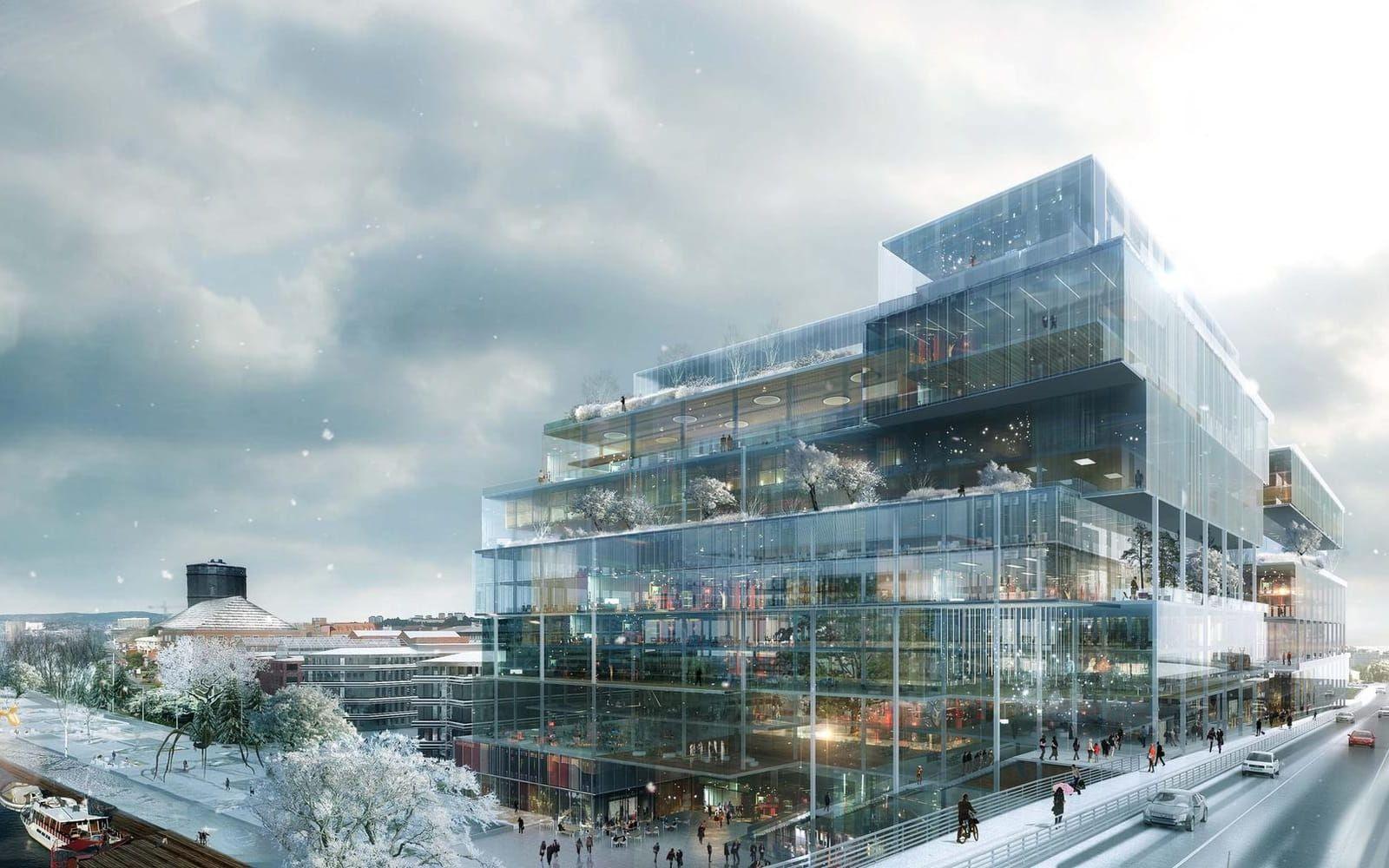 I det nya området Platinan vid Gullbergsvass ska Scandic bygga ett hotell i glas med cirka 360 rum. Illustrationer: Agnieszka Malinowska/EG Architects