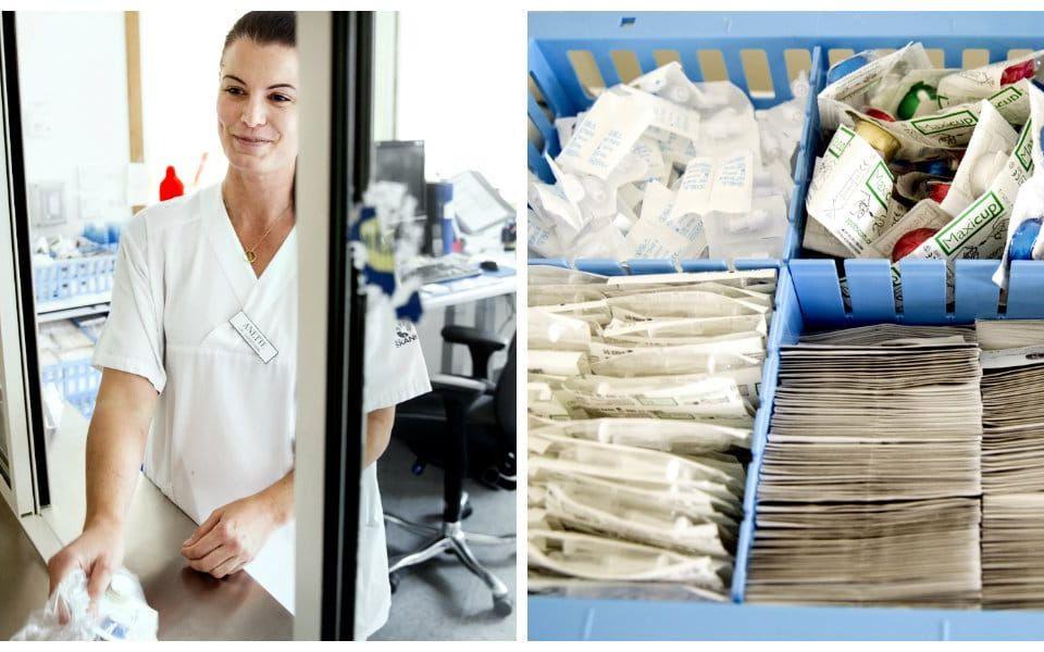 Utlämning. Patienterna får gå in och en och hämta rena sprutor av Anette Rigestam Munnecke och hennes kollegor. Bild: Emil Malmborg