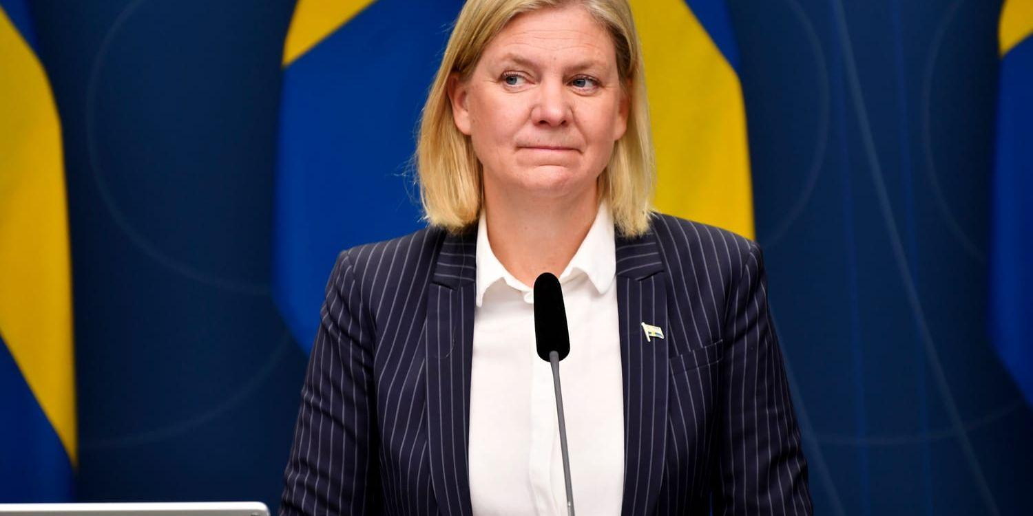 Finansminister Magdalena Andersson (S) när hon presenterade en budgetnyhet under en pressträff i Rosenbad.