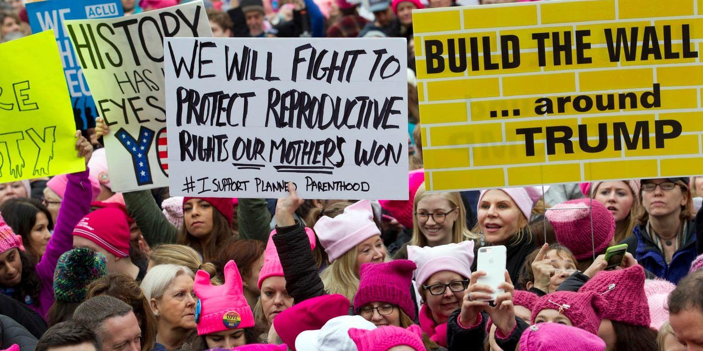Hundratusentals kvinnor, många av dem i symboliska rosa mössor, marscherade för ett år sedan på Washington DC:s gator.