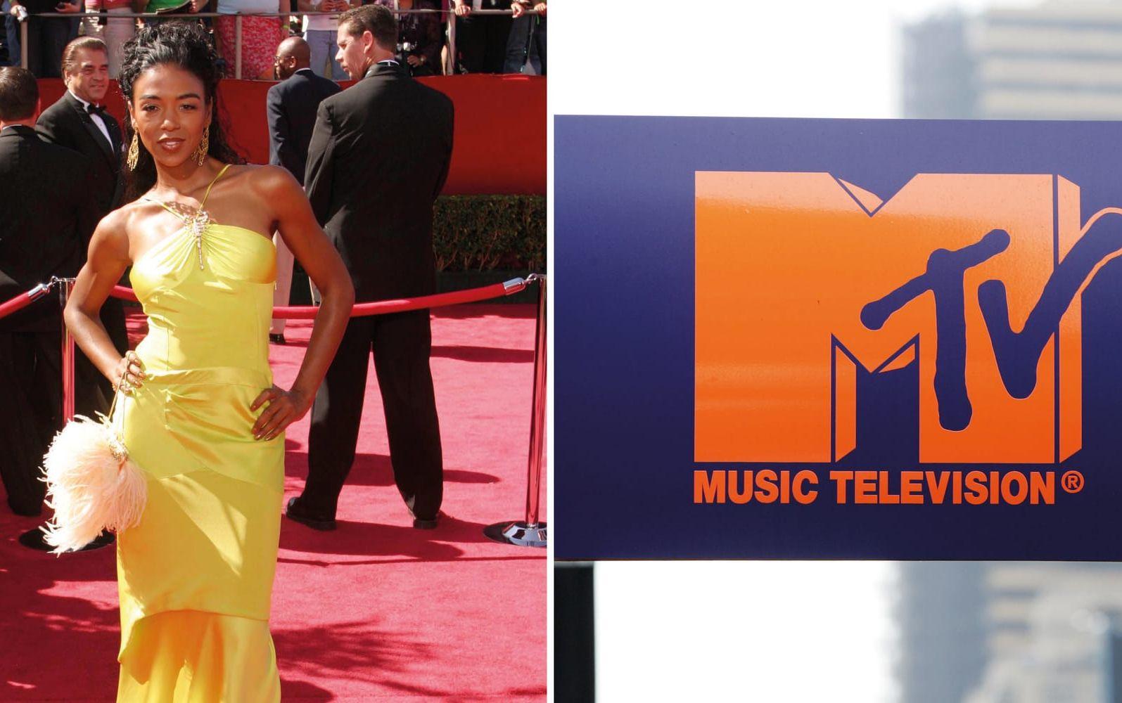 Tvådelad bild på Ananda Lewis i gul klänning på röda mattan och MTV skylt i lila och orange. 