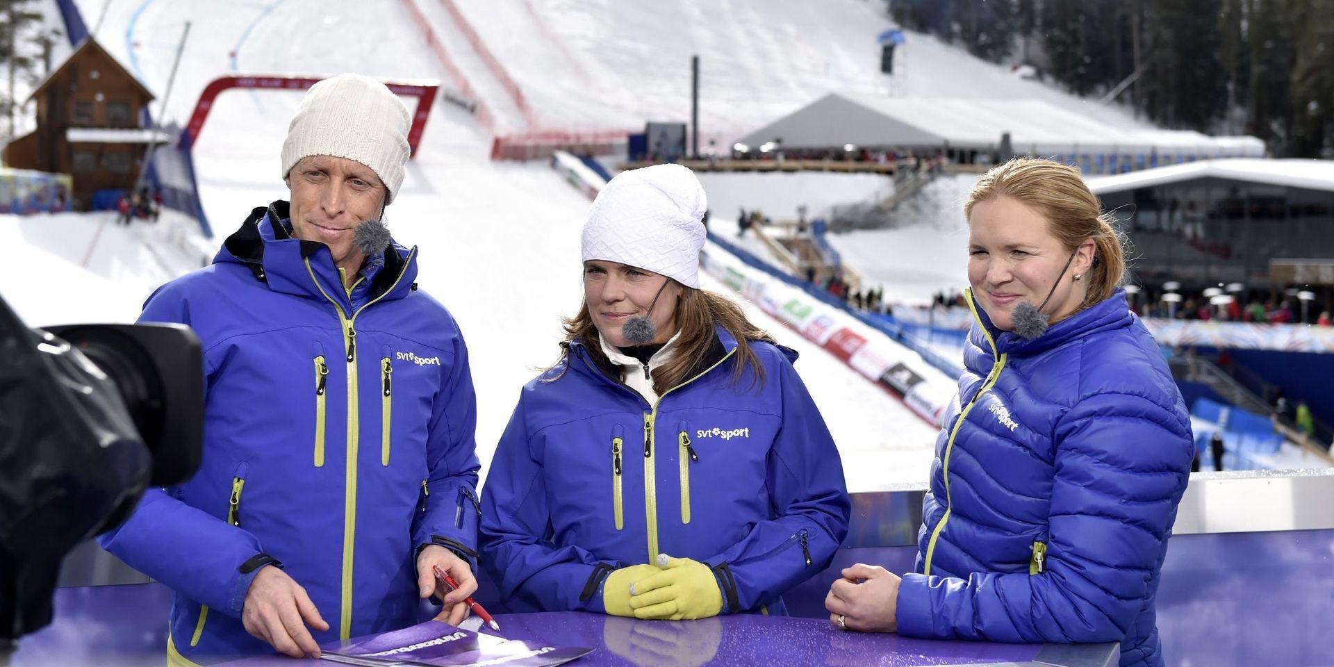 André Pops, Pernilla Wiberg och Anja Pärson i SVT-studion vid skidstadion i målområdet under alpina VM i Beaver Creek 2015.