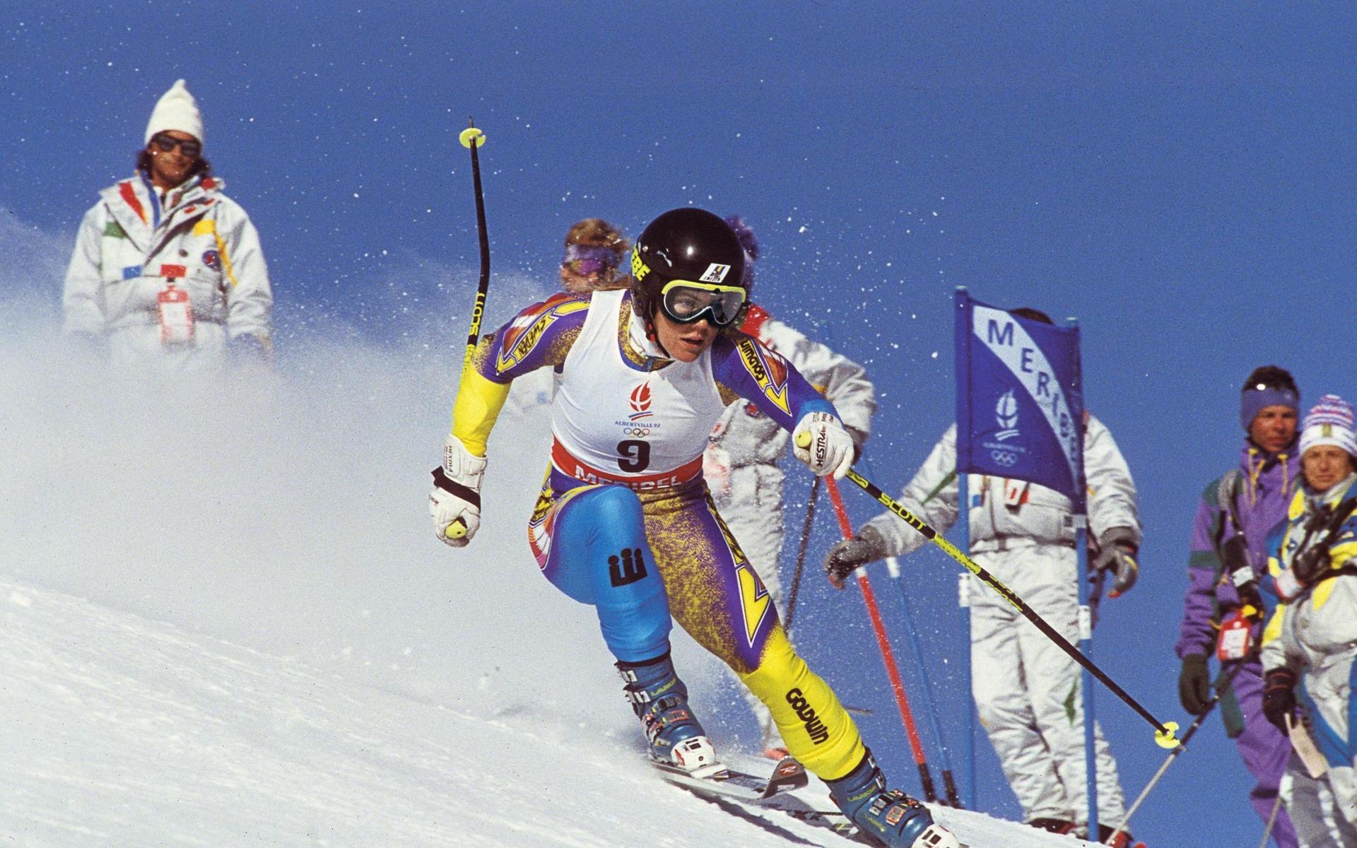 Pernilla Wiberg på väg mot guld i storslalom vid de olympiska vinterspelen i Albertville 1992.