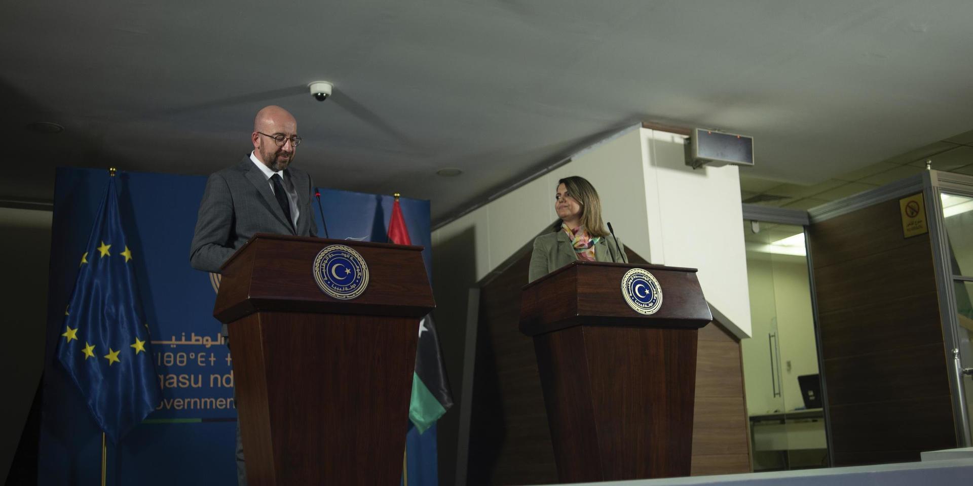 EU:s rådsordförande Charles Michel och Libyens utrikesminister Najla Mangoush.