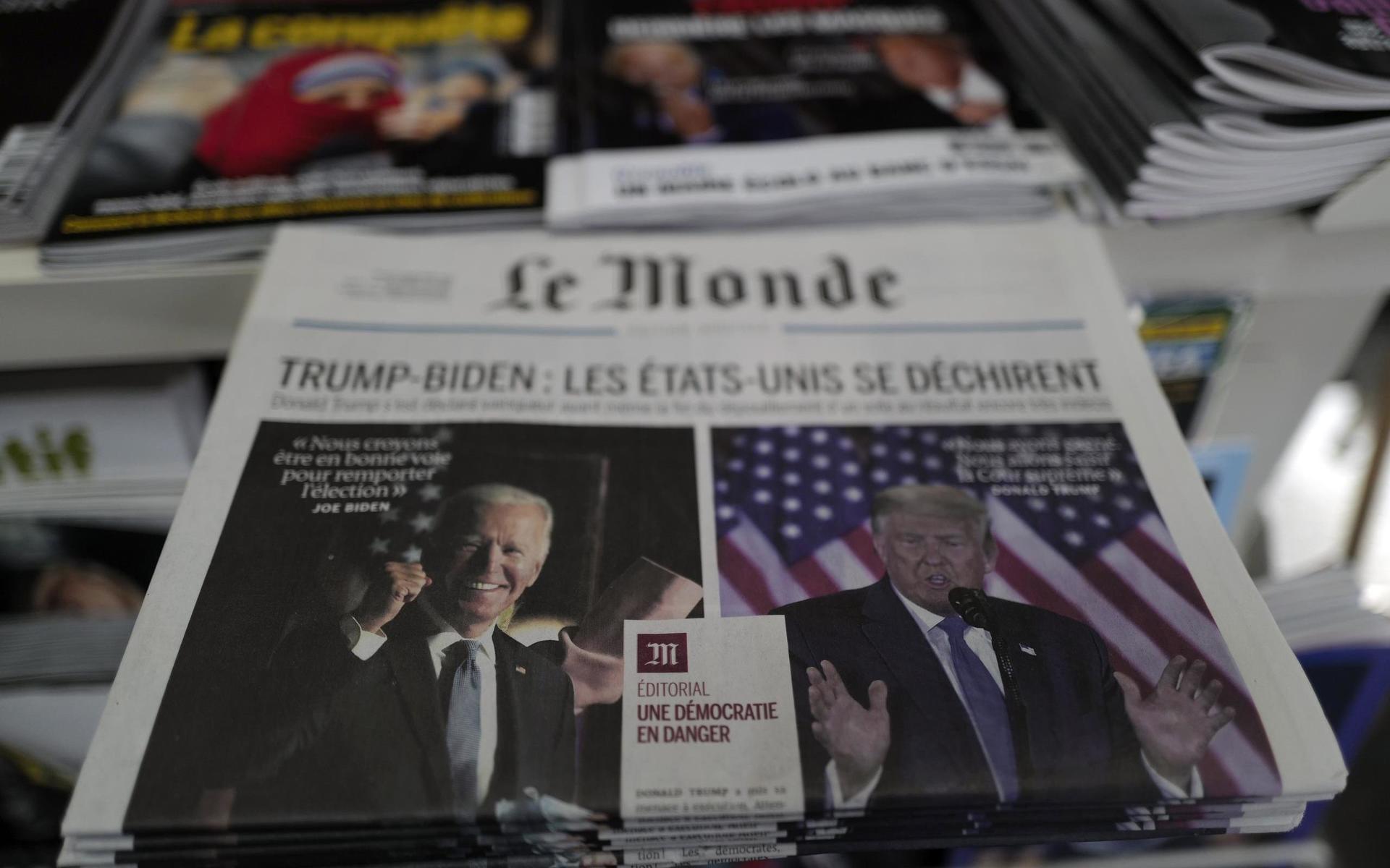 Franska tidningen Le Monde hade en förstasida med rubriken ”Trump-Biden: USA sliter sönder sig” på valdagen.