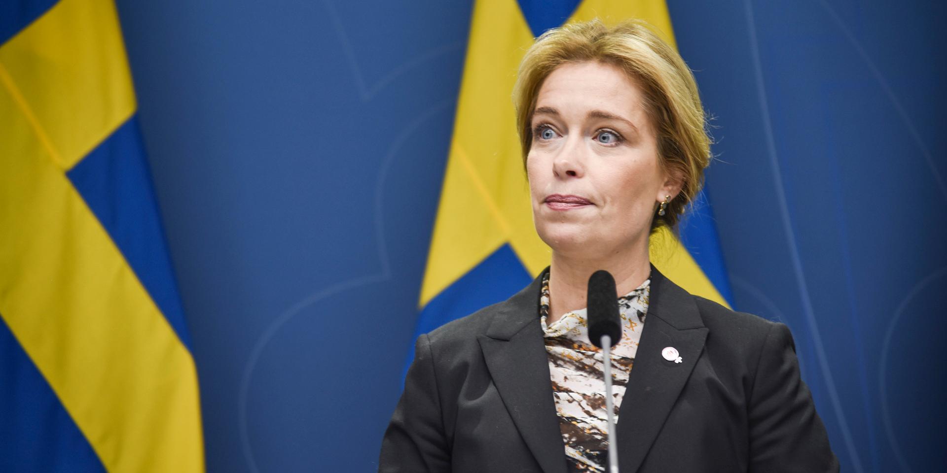 Klimat- och miljöminister Annika Strandhäll under en pressträff om regeringens arbete med frågan om slutförvar av använt kärnbränsle och radioaktivt avfall.