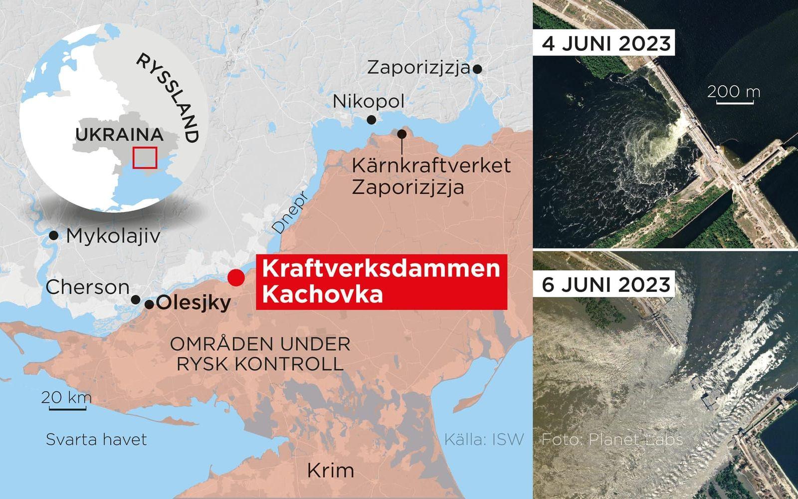 Kraftverksdammen Kachovka ligger öster om den ryskockuperade staden Olesjky i Cherson i Ukraina.