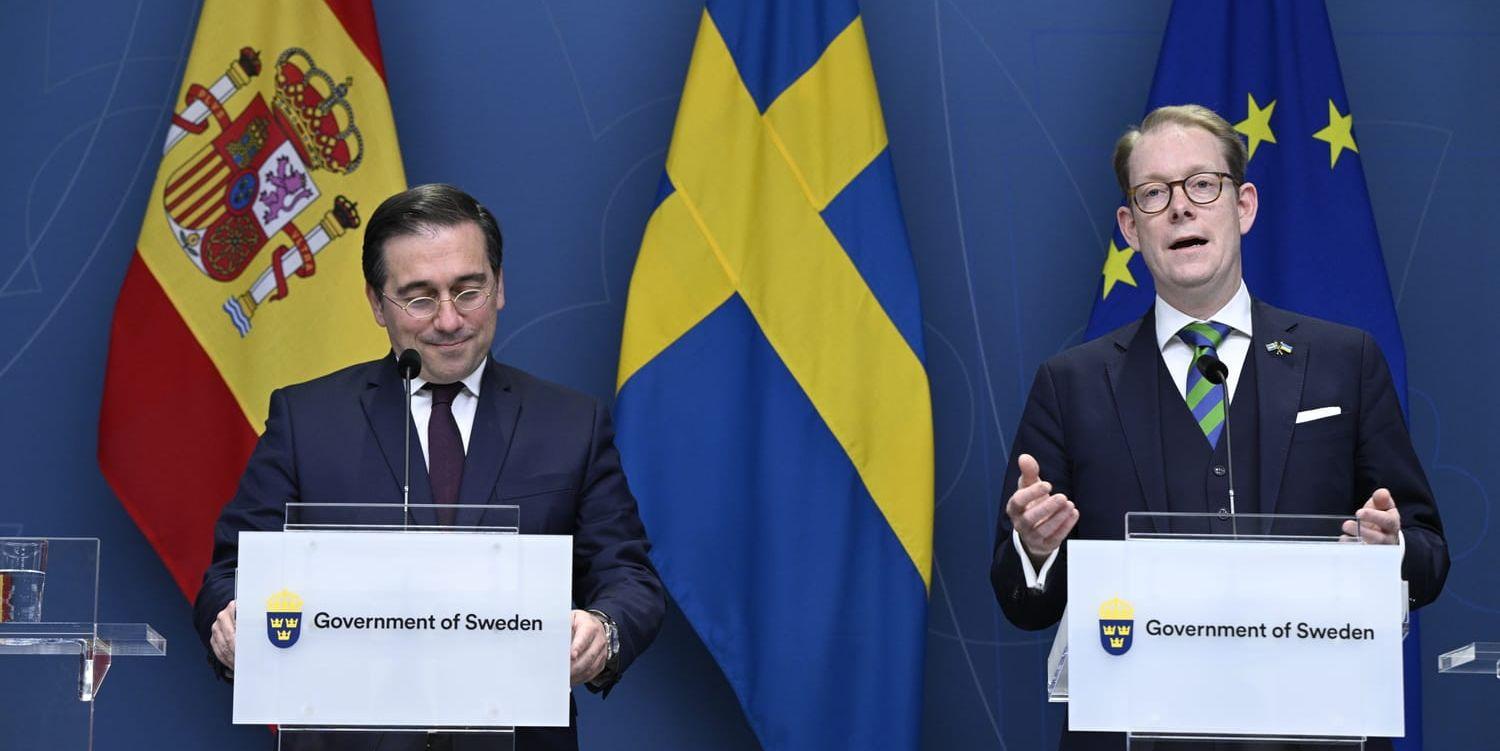 Spaniens utrikes- och EU-minister José Manuel Albares Bueno och Sveriges utrikesminister Tobias Billström (M) och  vid en pressträff under fredagen där de talade om Sveriges ansökan om medlemskap i Nato.