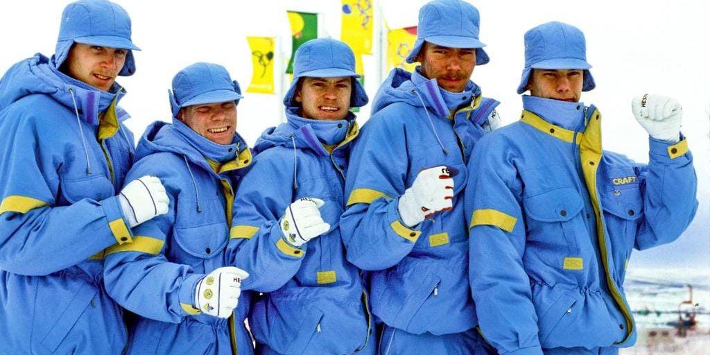 Backhoppningslandslaget som blev sjua i lagtävlingen i OS 1988. Från vänster: Magnus Åström, Jan Boklöv, Anders Daun, Per-Inge Tällberg och Staffan Tällberg. Arkivbild.