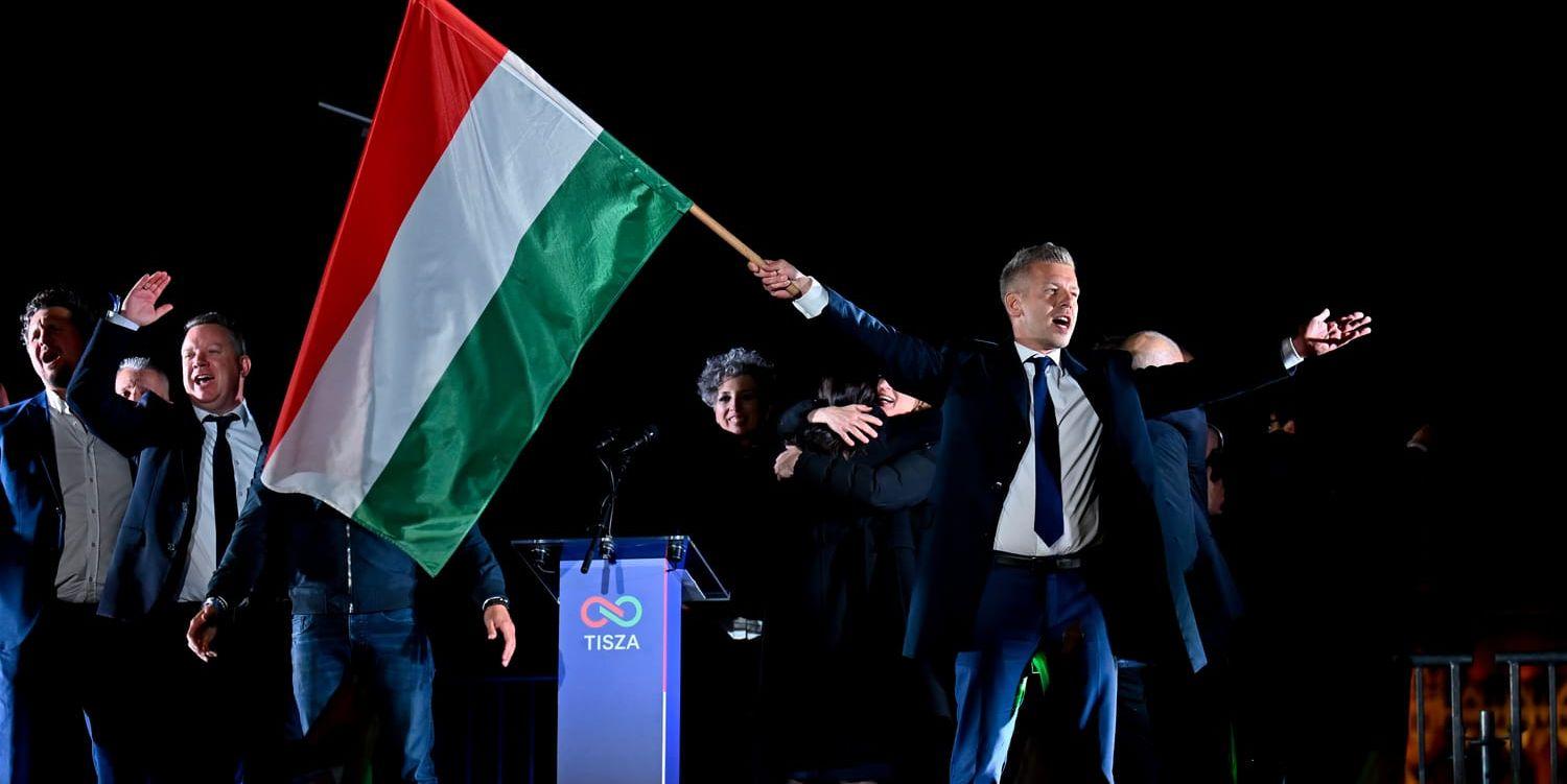 Den ungerske valsegraren Péter Magyar viftar med en flagga på ett podium under valnatten.