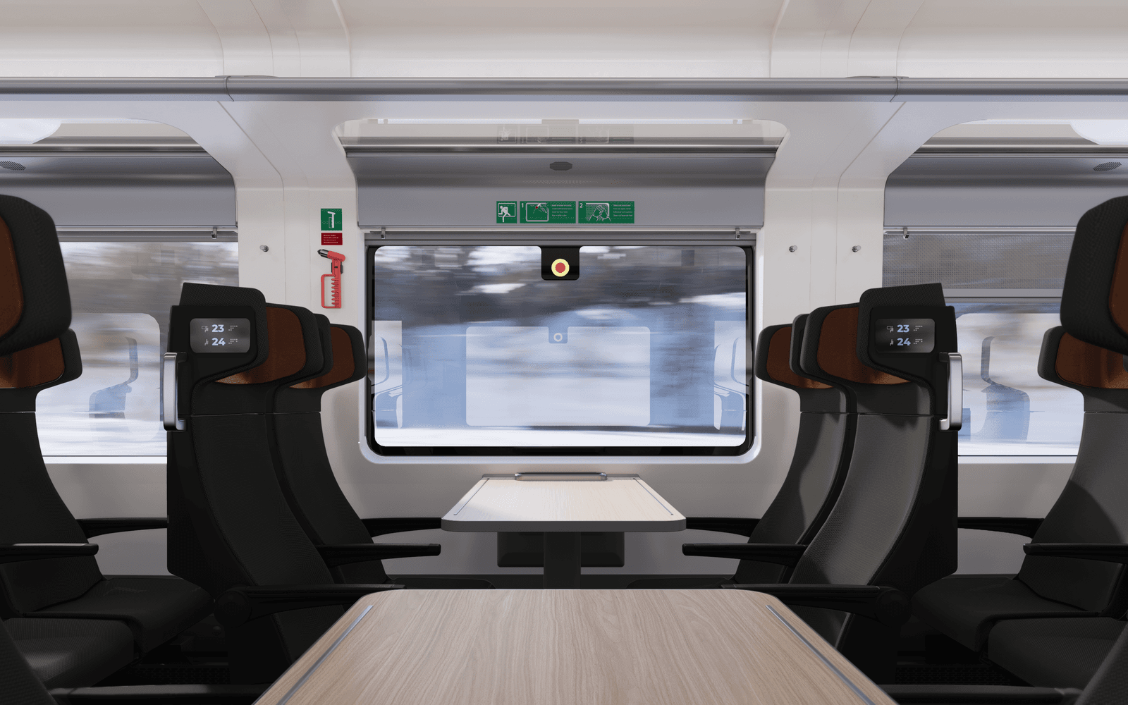 Tågkupé med stolar och bord och fönster