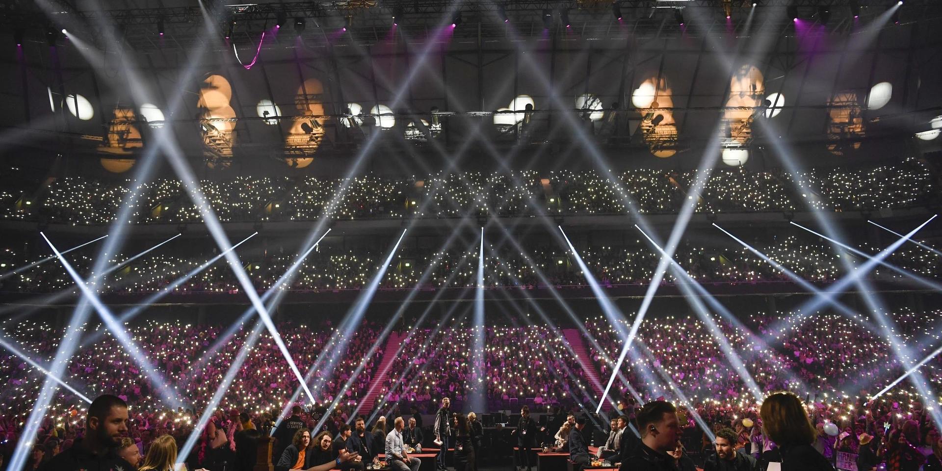Publiken vid Melodifestivalens final 2020 i Friends arena. 