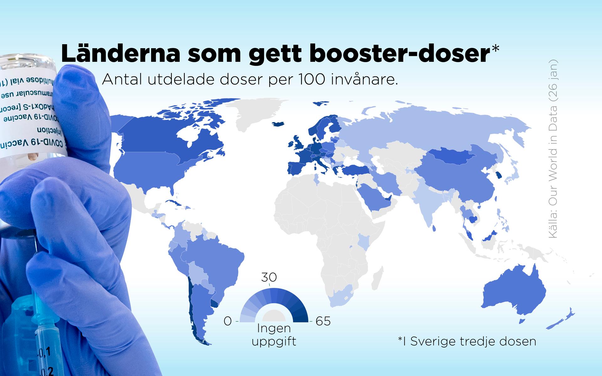 Antal utdelade booster-doser per 100 invånare.