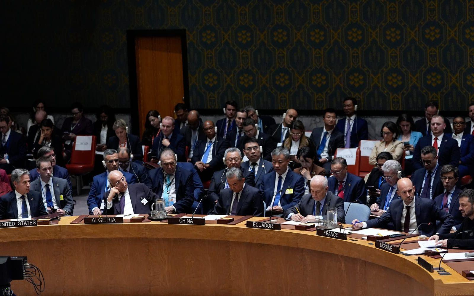 Ukrainas president (längst till höger) vid FN:s säkerhetsråds specialmöte om läget i Ukraina.