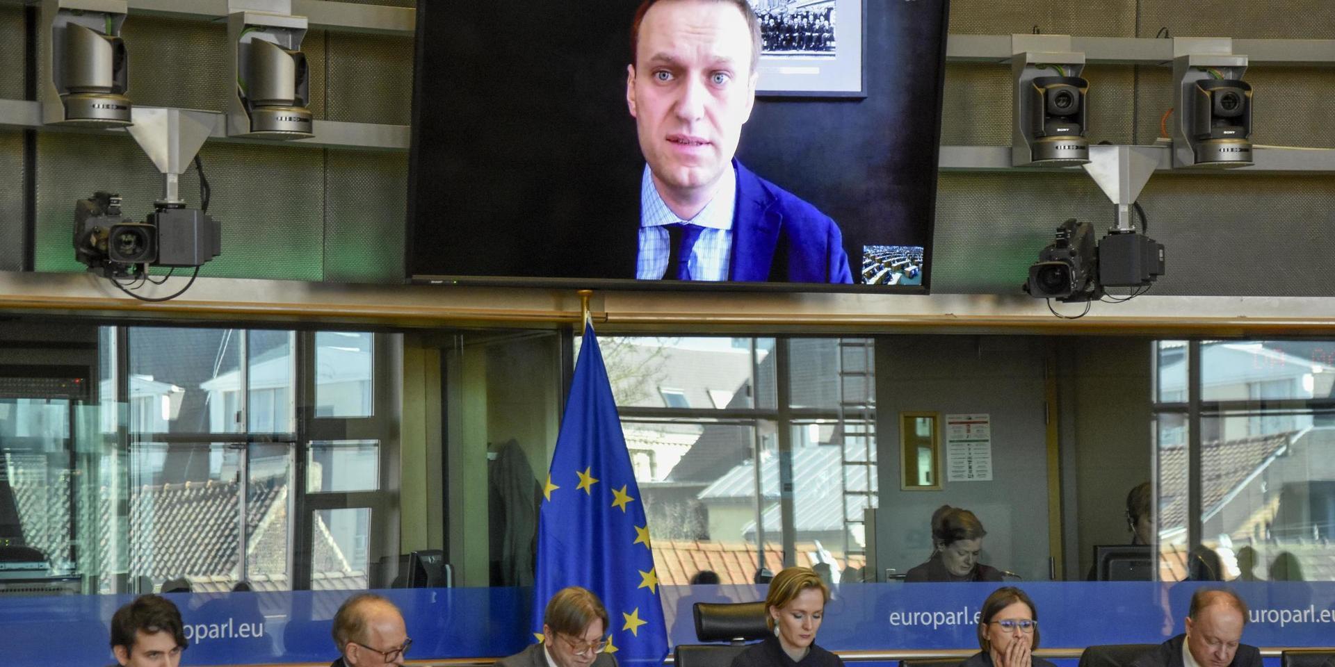 Ryske oppositionspolitikern Aleksej Navalnyj i ett framträdande via videolänk i EU-parlamentet 2018. Arkivbild.