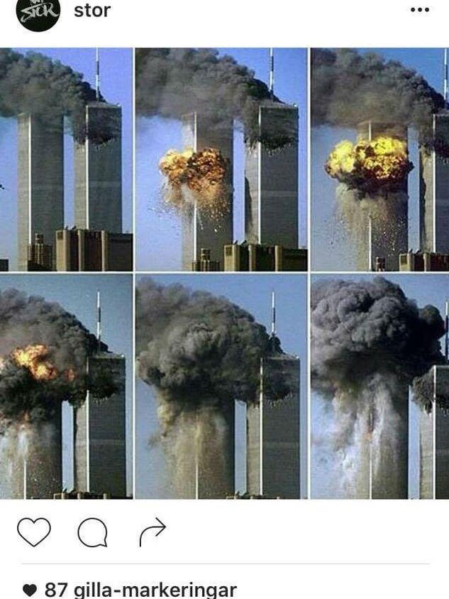 På Instagram skriver Stor bland annat att han inte sett något bra på tv på snart 15 år - tillsammans med flera bilder på när World Trade Center attackeras. Foto: Skärmdump/Instagram.