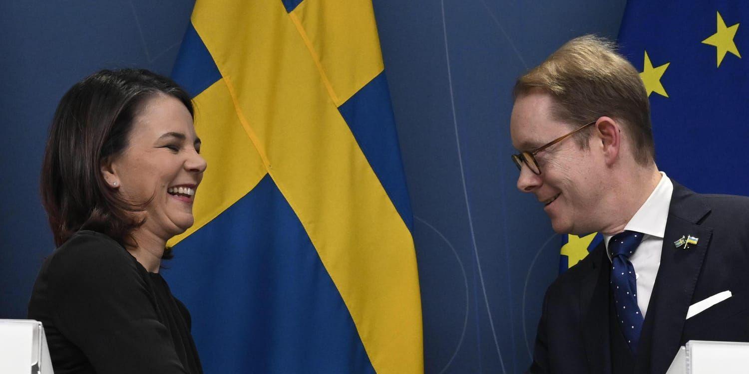 Sveriges utrikesminister Tobias Billström (M) och Tysklands utrikesminister Annalena Baerbock håller presskonferens efter att ha diskuterat bland annat den säkerhetspolitiska situationen i närområdet och Rysslands invasion av Ukraina.