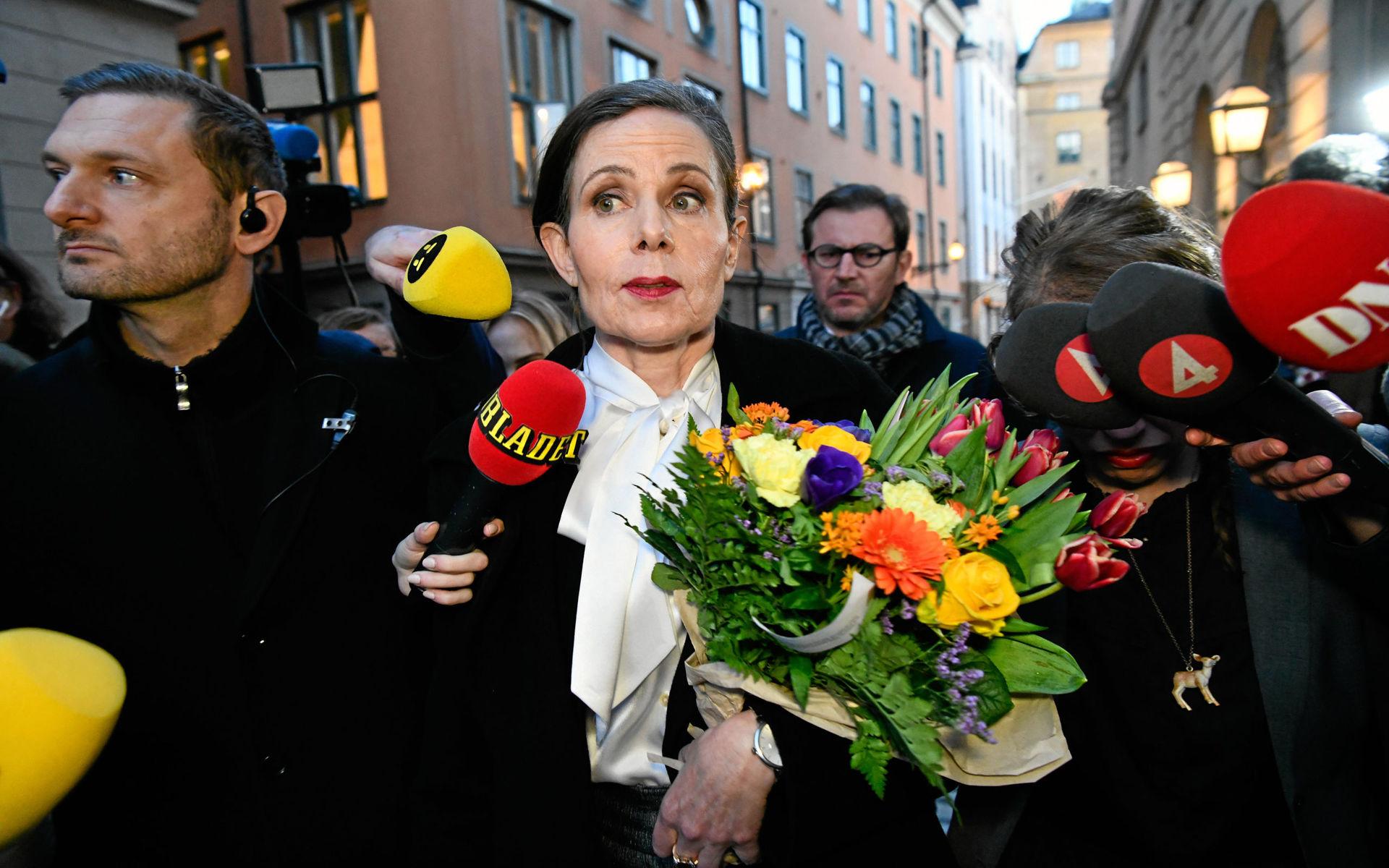 Sara Danius när hon i september 2018 mötte pressen och berättade att hon lämnade uppdraget som ständig sekreterare och sin stol i Svenska Akademien. 
