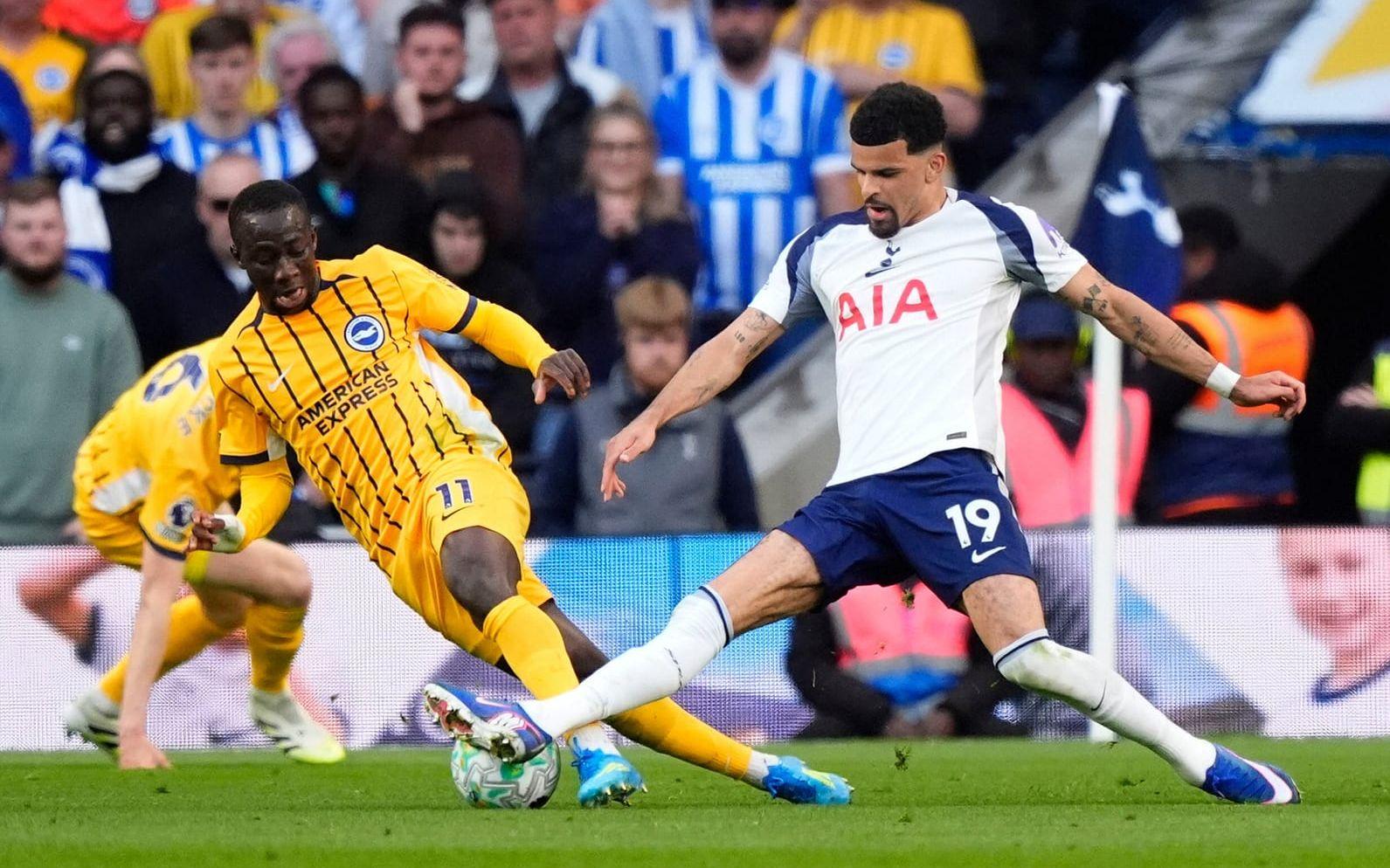 Brightons Yankuba Minteh (vänster) och Tottenhams Dominic Solanke i en duell.