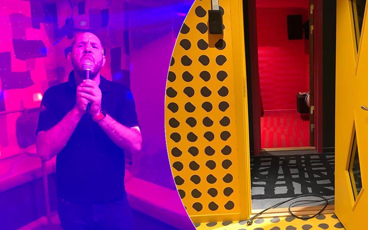 Ägaren Erik Sundfelt sjunger karaoke i nya baren på Chapmans torg i Majorna. Foto: John Wegelius/Kollage.
