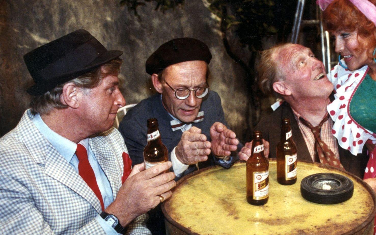 Jönssonligan. Från vänster Ulf Brunnberg alias Vanheden, Gösta Ekman alias Sickan, Björn Gustafson alias Dynamit-Harry och Birgitta Andersson alias Doris. Arkivbild.