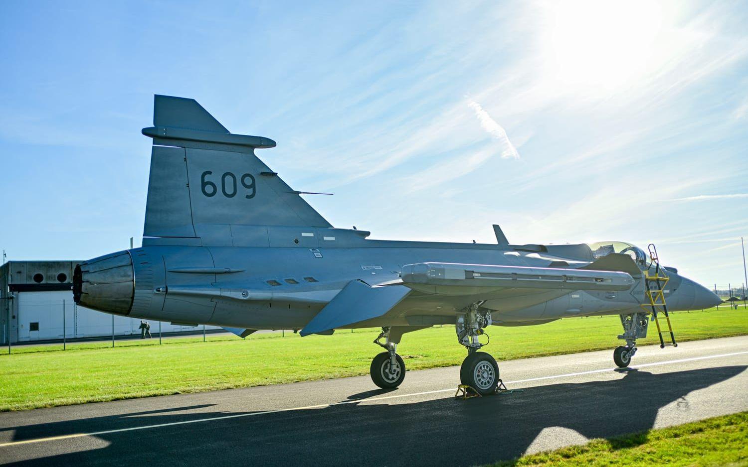 Jas 39-Gripen E på Skaraborgs flygflottilj F7 i Såtenäs. Arkivbild. 